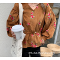 Top bordado con cuello en V casual de moda de otoño